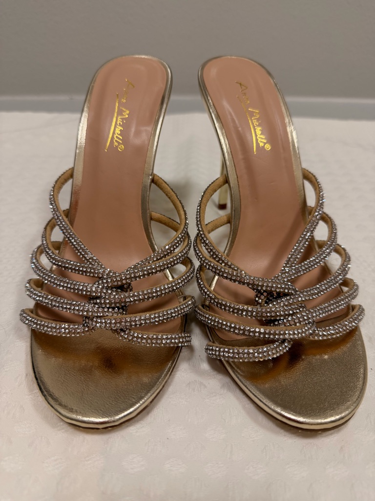 Anne Michelle Gold Crystal Multi-Strap Slide Mules